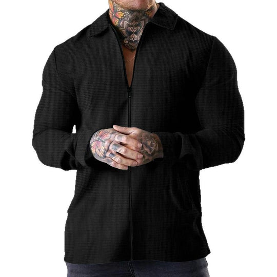 Herren nan strukturierte Zip-Hemdjacke aus Waffelstrick mit Kentkragen und schmaler Silhouette EB