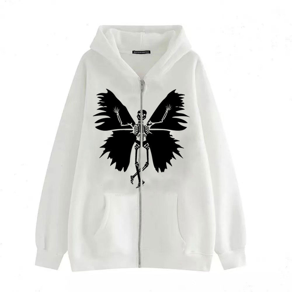 Damen Zip-Hoodie mit einzigartigem Skelett- und Schmetterlingsmotiv EB