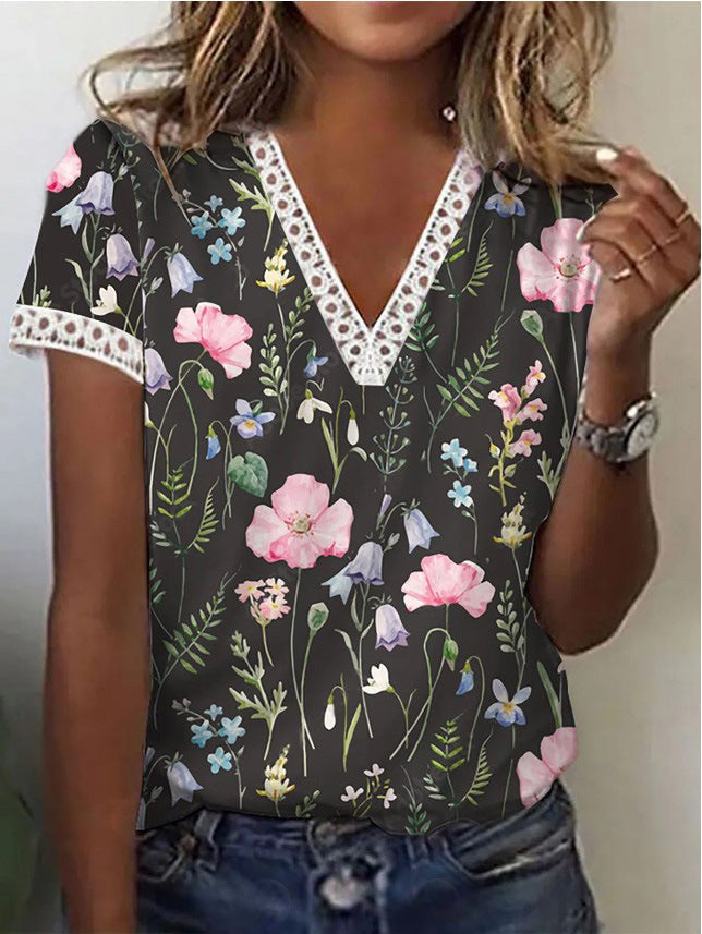 EB | Elegantes T-Shirt mit Kurzen Ärmeln und V-Ausschnitt Print für Damen
