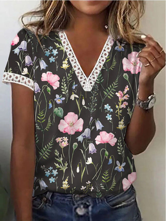 EB | Elegantes T-Shirt mit Kurzen Ärmeln und V-Ausschnitt Print für Damen