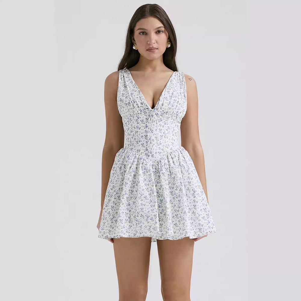 Damen Sommerliches Minikleid mit V-Ausschnitt und fließendem Rock EB