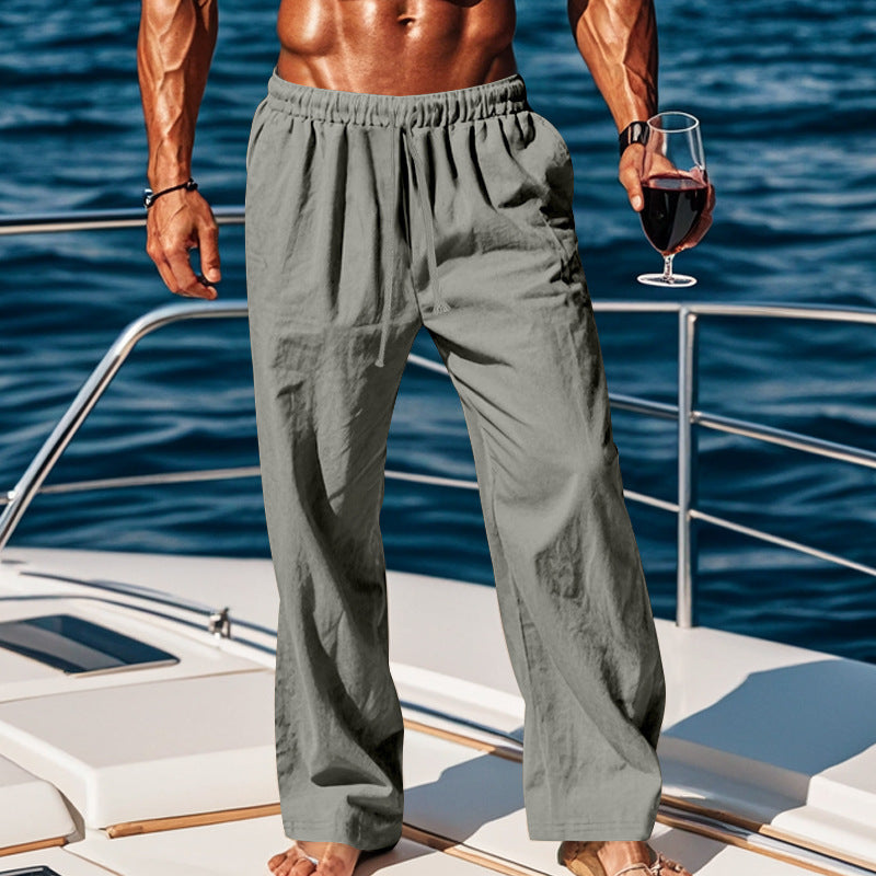 Herren nan weite Leinen-Loungehose mit elastischem Tunnelzugbund, Kordelzug und geradem Bein EB