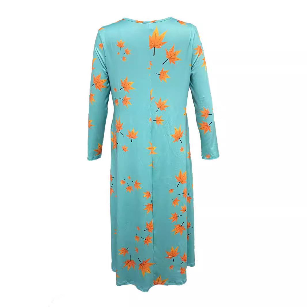 Damen Maxikleid mit V-Ausschnitt und herbstlichem Blattdesign EB
