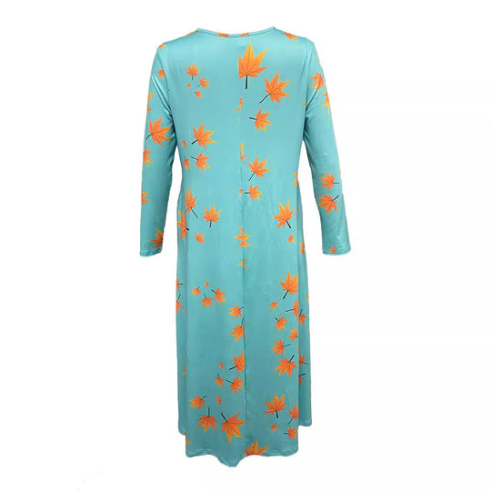 Damen Maxikleid mit V-Ausschnitt und herbstlichem Blattdesign EB
