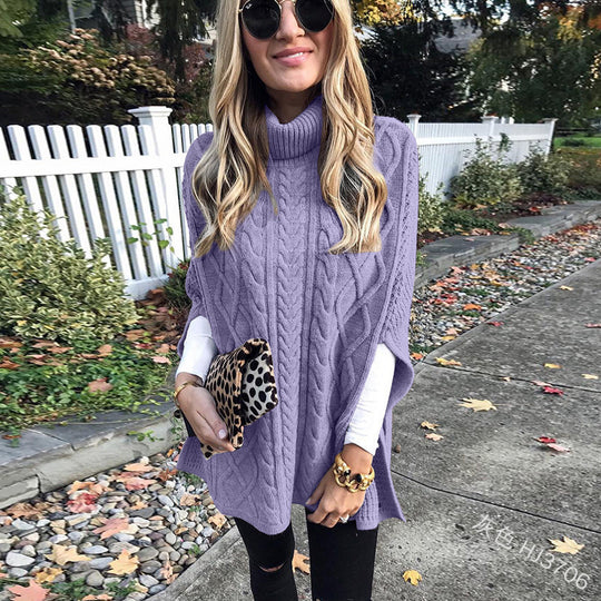 Damen nan kastiger Strickponcho mit hohem Rollkragen, Zopfstruktur und seitlichen Schlitzen EB