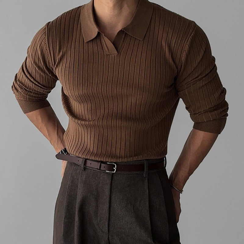 Herren nan figurbetontes Rippstrick-Polopullover mit offenem V-Ausschnitt und schmaler Passform EB