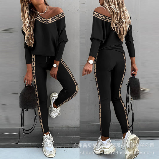 Damen Freizeit Set mit glitzerndem Motiv und offenem Schulterdesign EB