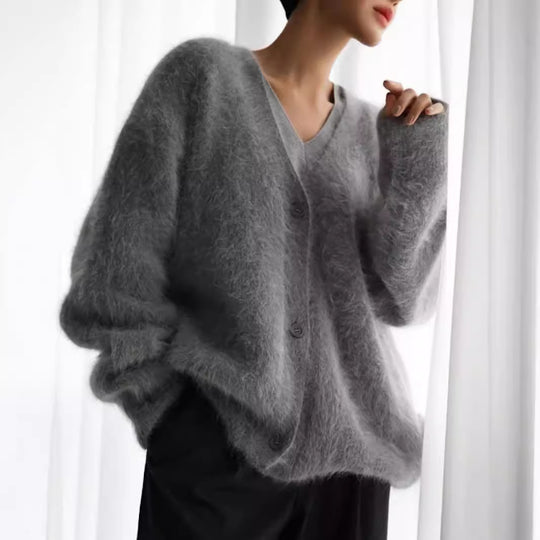 Damen gemütlicher Strickcardigan mit weichem Flauschmaterial und modischem Knopfdetail EB