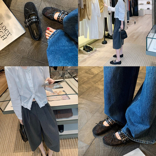 Damen Ballerinas mit doppeltem Riemen und funkelnder Optik EB