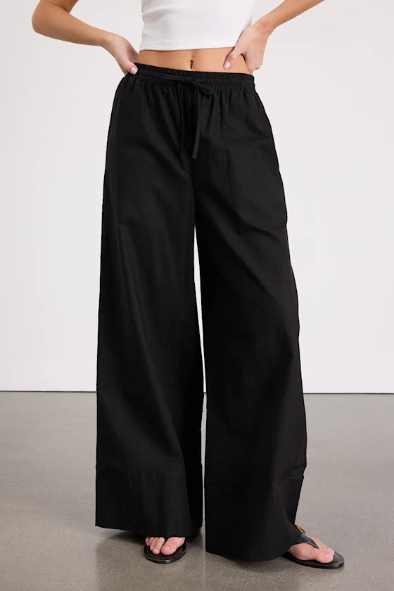 Damen Weite Leinenhose mit elastischem Bund und seitlichen Taschen EB