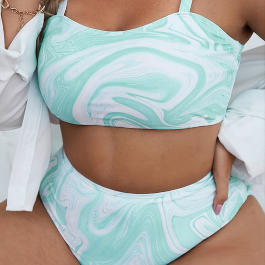 Damen Hochgeschnittenes Bikini-Set mit modernem Marmor-Design EB