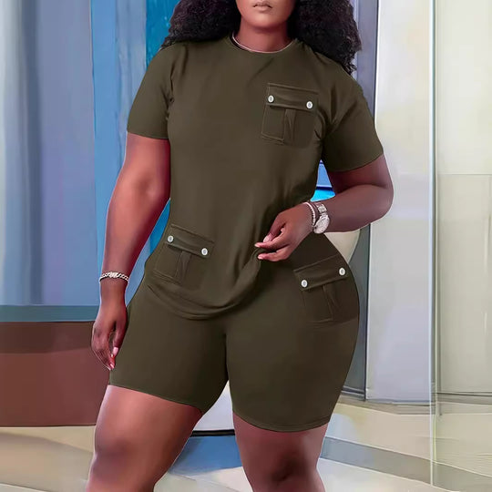 Damen Sportliches Kurzarm-Set mit praktischen Taschen EB