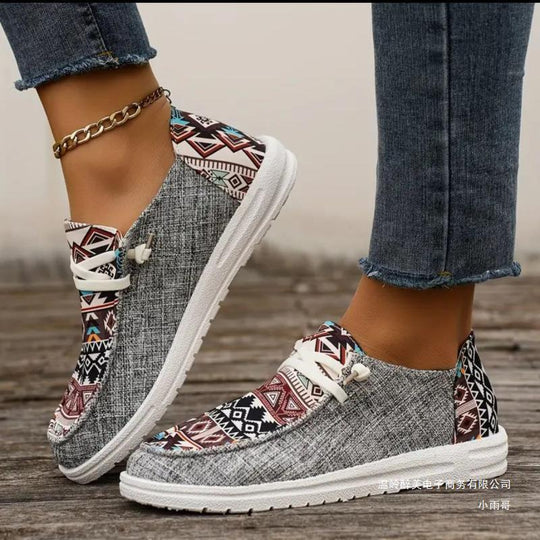 Damen Bequeme Sneaker mit buntem Tribal-Muster und elastischen Schnürsenkeln EB