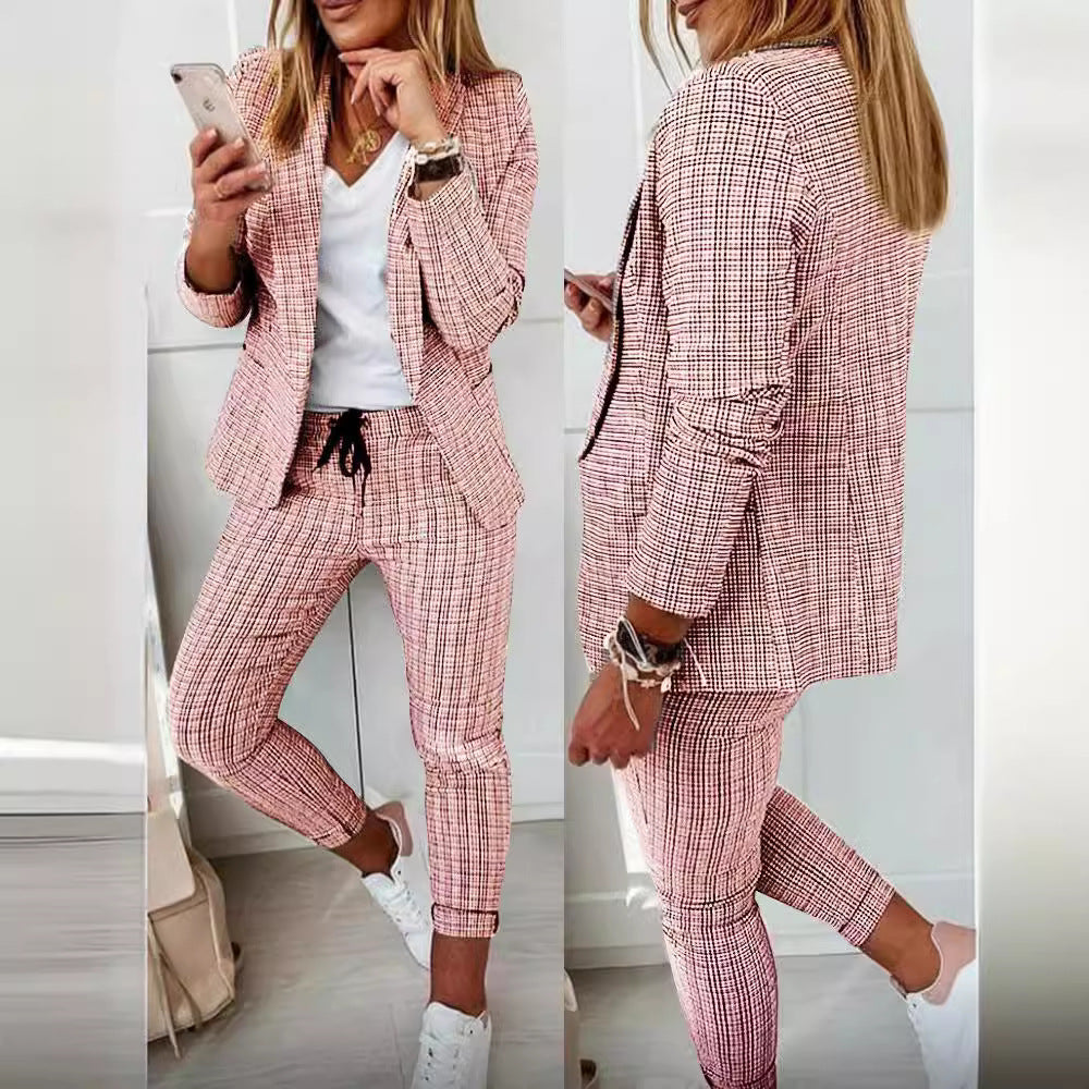 Damen nan lässig-elegantes Karozweiteiler Blazer mit Tunnelzug-Slimhose EB
