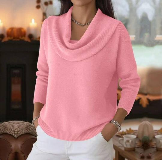 Damen Lässiger Schalkragen-Feinstrickpullover mit überschnittener Schulter und geripptem Saum EB