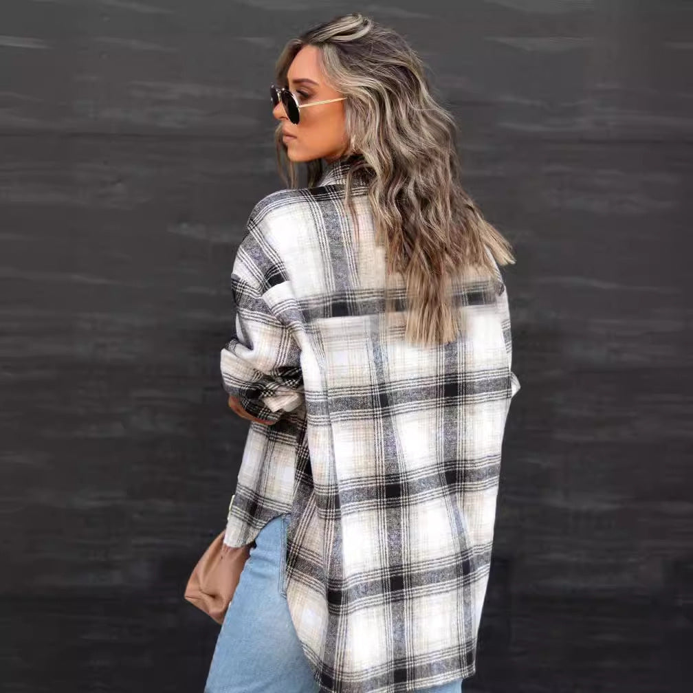 Damen Kariertes Oversized-Hemd im lässigen Stil EB