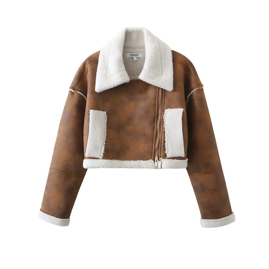 Damen cropped Kunstlederjacke mit kuscheligem Teddyfutter und praktischen Taschen EB