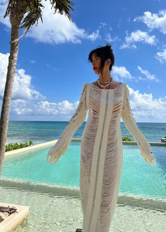 Damen elegantes Strandkleid mit raffinierten Fransen und transparenten Elementen EB