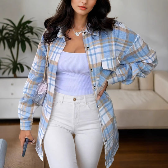 Damen Oversized Karo‑Hemdmantel mit Brusttaschen und durchgehender Knopfleiste EB