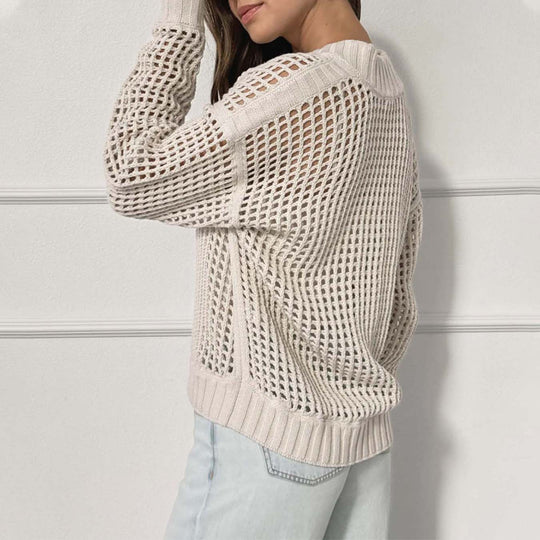 Damen lockerer Strickpullover mit Reißverschluss und luftiger Maschenstruktur EB