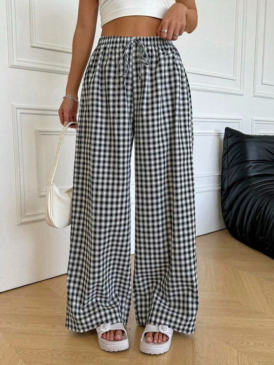 Damen weite Vichy-Hose mit elastischem Bund und Kordelzug EB