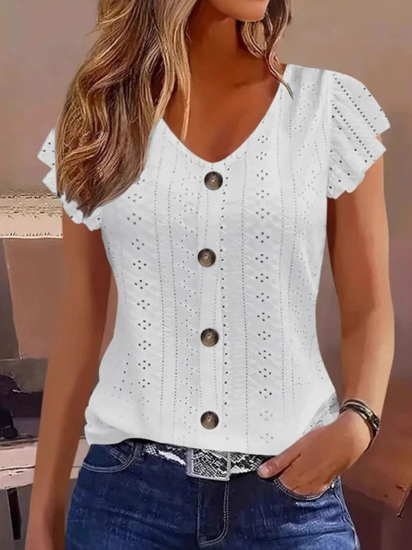 Damen luftige Bluse mit filigranem Lochmuster und Knopfdetails EB