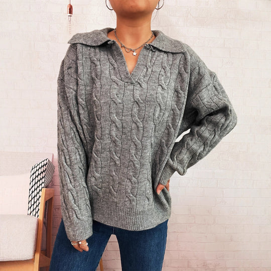 Damen Grobstrickpullover mit farbenfrohem Zopfdesign und klassischem Kragen EB