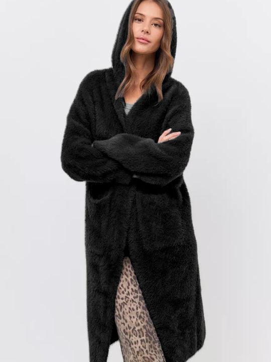Damen Kapuzen-Strickmantel mit luxuriösem Flauschteil EB