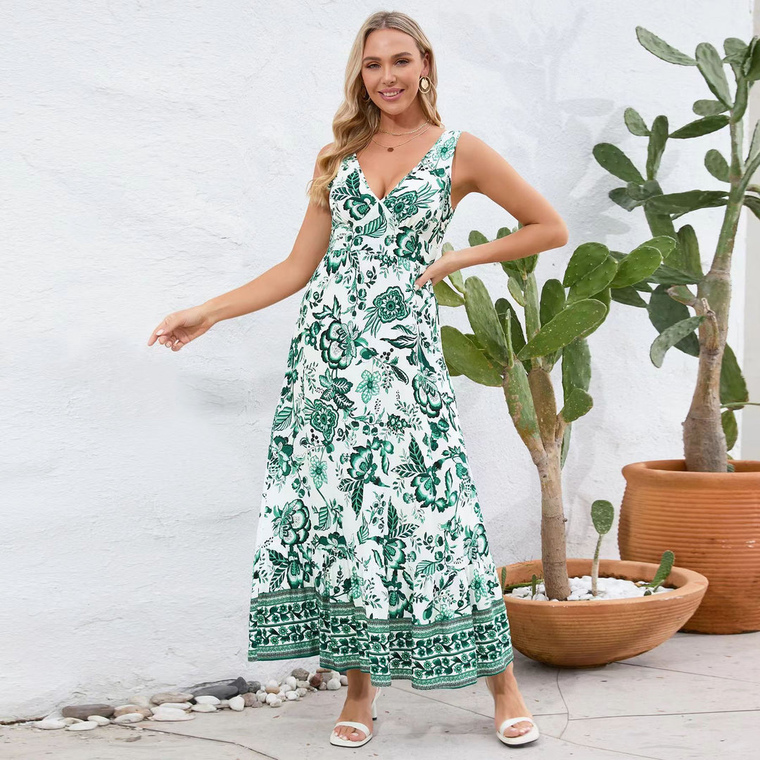 Damen Maxikleid mit floralem Design und tiefem V-Ausschnitt EB