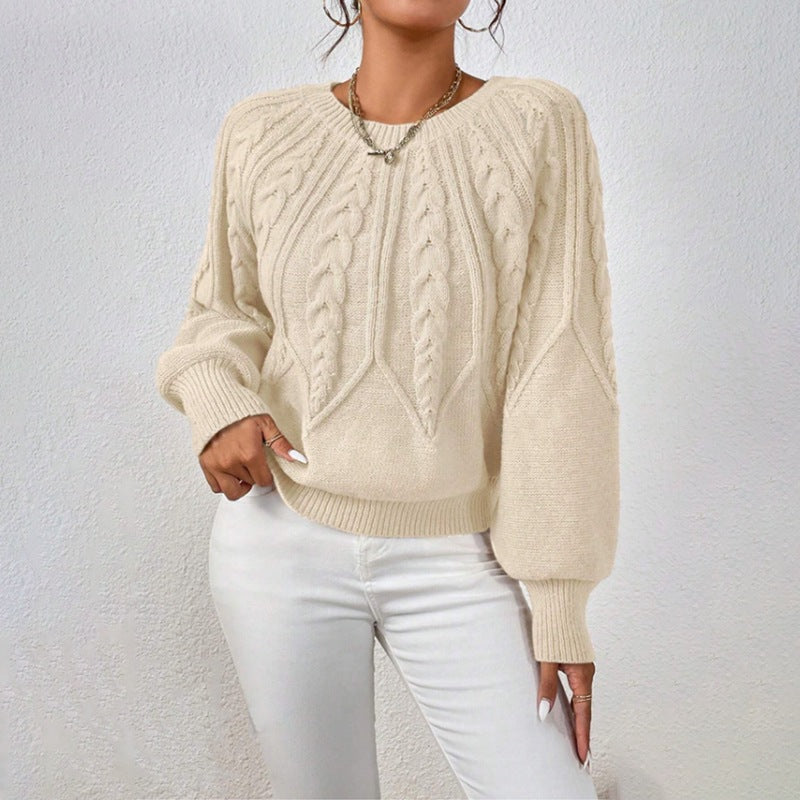 Damen nan kurzer Zopfmuster-Strickpullover mit Ballonärmeln und geripptem Saum EB