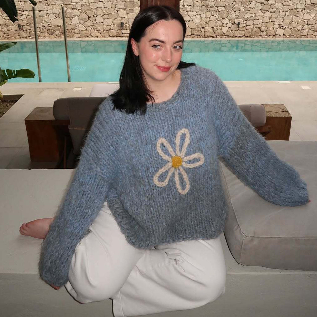 Damen lässiger Strickpullover mit floralem Motiv und oversized Schnitt EB