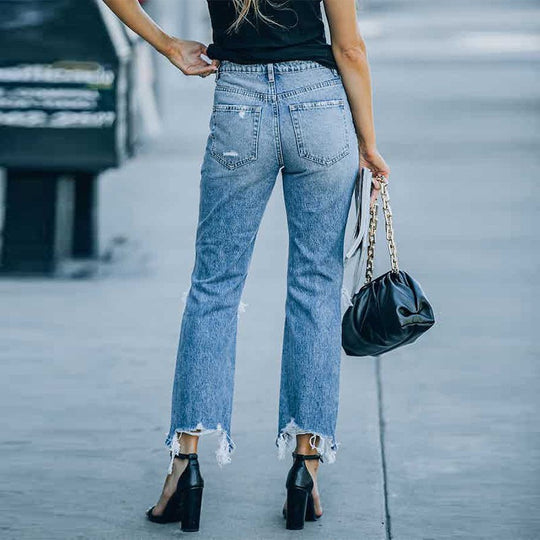 Damen High-Waist Mom-Jeans mit modischen Rissen und fransigem Saum EB