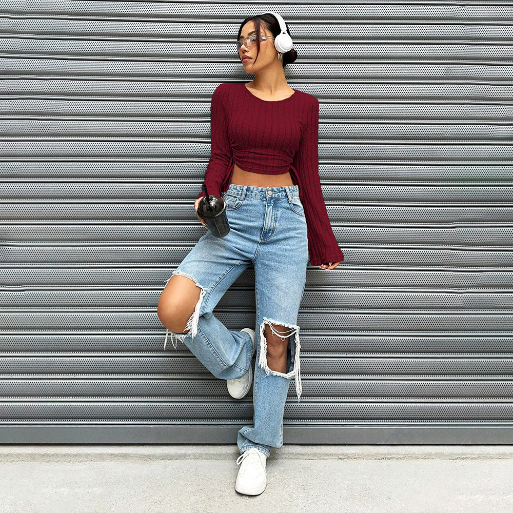 Damen geripptes Cropped-Longsleeve mit seitlicher Tunnelzugraffung, ausgestellten Ärmeln und figurbetonter Passform Eichborn Berlin
