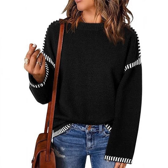 Damen modischer Pullover mit strukturiertem Material und streifenförmigen Details EB
