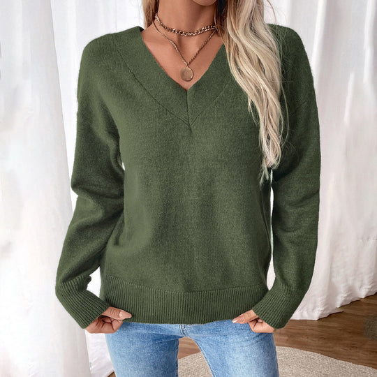 Damen V-Ausschnitt Strickpullover im lässigen Stil EB