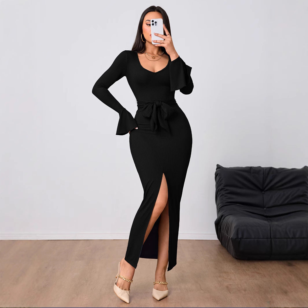 Damen figurbetontes Maxikleid mit V-Ausschnitt Trompetenärmeln Taillenband und hohem Seitenschlitz Eichborn Berlin