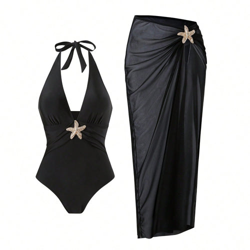 Damen Eleganter Badeanzug mit vielseitigem Wickelrock EB
