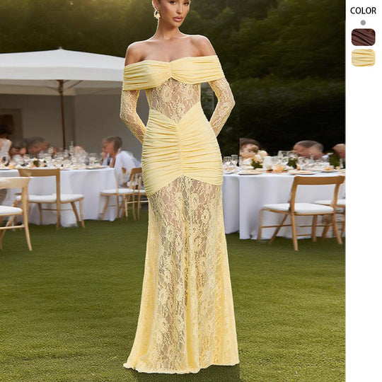 Damen Elegantes Spitzen Abendkleid mit schulterfreier Silhouette und raffinierten Rüschendetails EB
