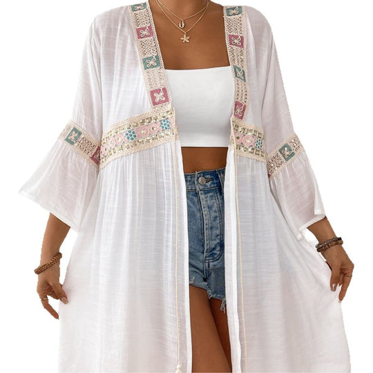 Damen luftiger Strandkimono mit floralen Stickereien EB