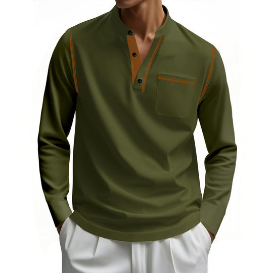 Herren nan Henley-Langarmshirt mit Stehkragen, Brusttasche und kontrastierenden Ziernähten EB