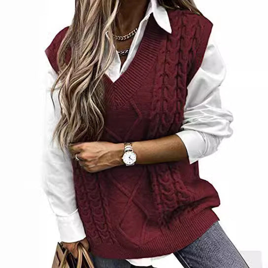 Damen Strickweste mit Zopfdesign und V-Ausschnitt EB
