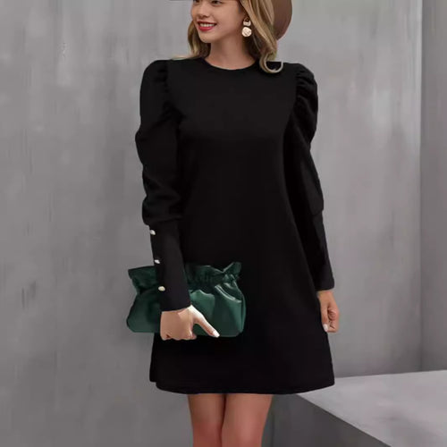 Damen nan elegantes A-Linien Minikleid mit gerafften Puffärmeln und dekorativen Manschettenknöpfen EB