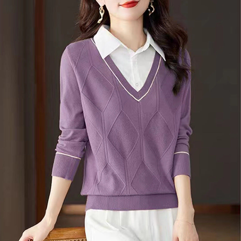 Damen gestrickter Pullover mit v-ausschnitt und strukturiertem Diamantmuster EB
