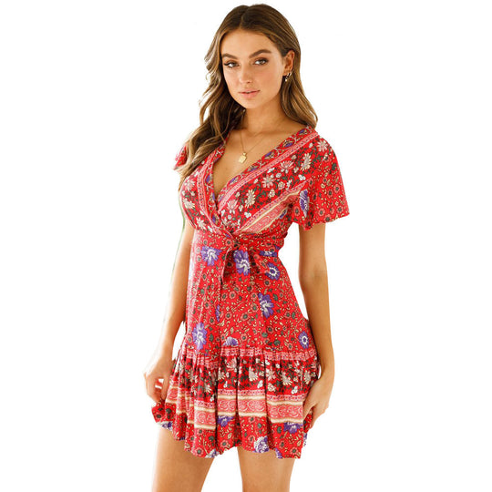 Damen Wickelkleid mit floralem Design und Rüschendetails EB