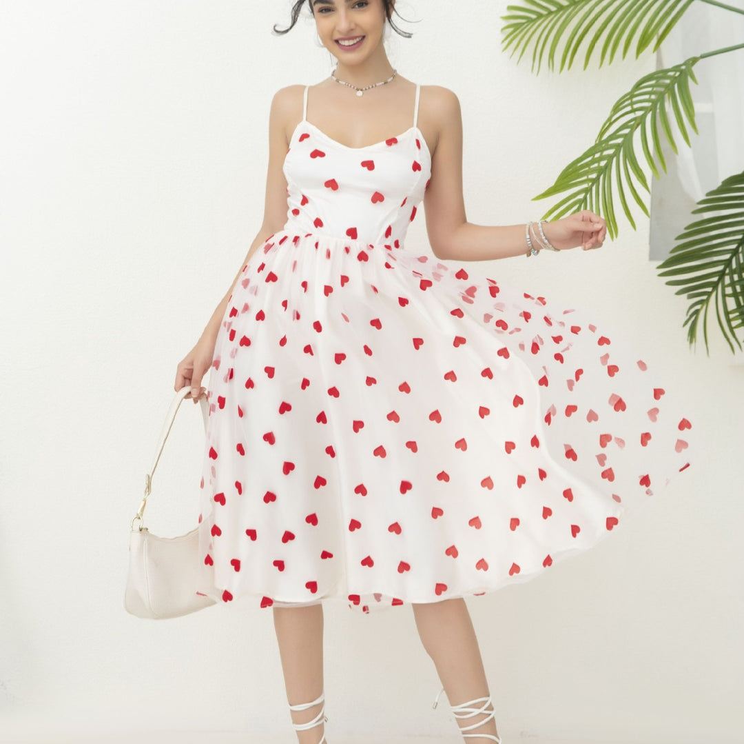 Damen romantisches A-Linien Kleid mit Herzmotiv und verstellbaren Trägern EB