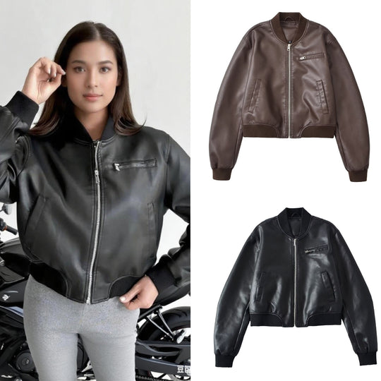 Damen Kunstleder Bomberjacke mit elastischem Abschluss und praktischen Taschen EB