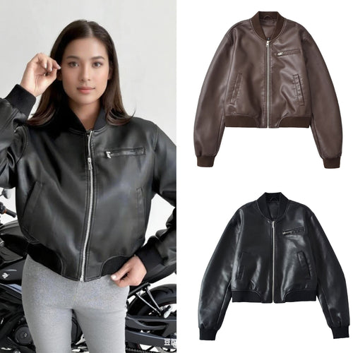 Damen Kunstleder Bomberjacke mit elastischem Abschluss und praktischen Taschen EB