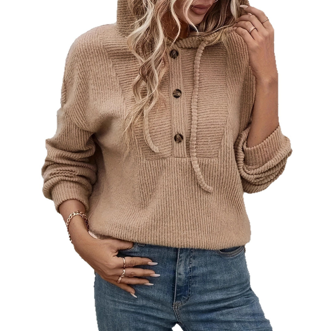 Damen kuscheliger Kapuzenpullover mit Knopfleiste und Rippstruktur EB