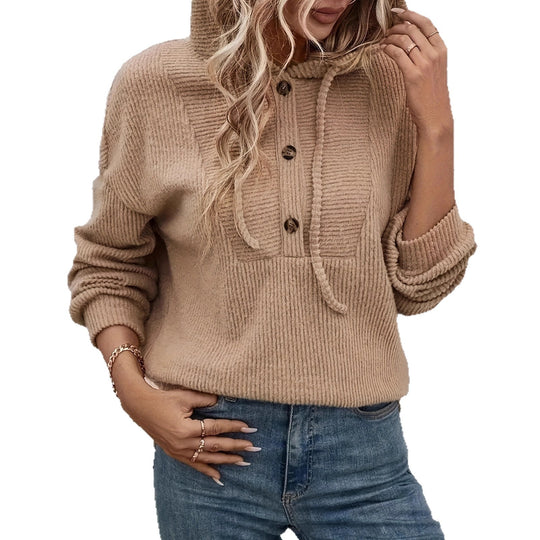 Damen kuscheliger Kapuzenpullover mit Knopfleiste und Rippstruktur EB