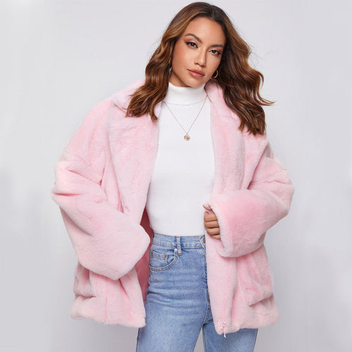 Damen Flauschige und stylische Freizeitjacke mit tiefem Reverskragen EB